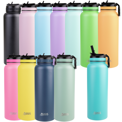 Oasis 1.1 Litre Stainless Steel Insulated Challenger Sports Bottle w/ Sipper Straw Lid - Assorted Colours