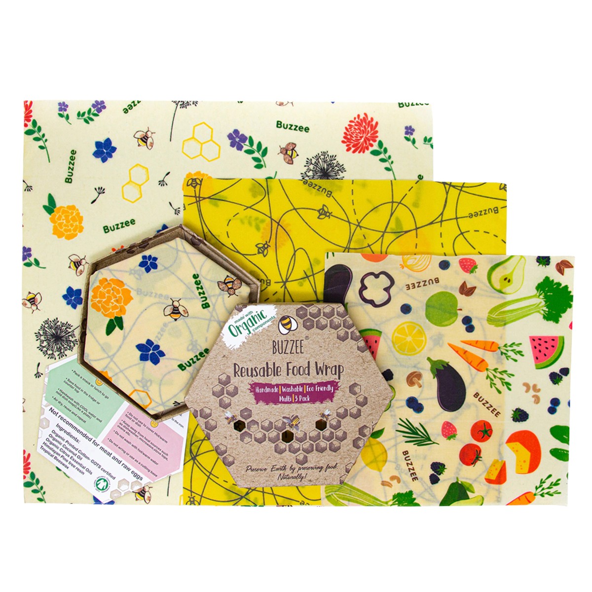 BUZZEE Organic Beeswax Wraps - 3 Pack