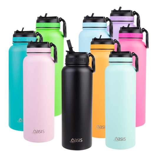 Oasis 1.1 Litre Stainless Steel Insulated Challenger Sports Bottle w/ Sipper Straw Lid - Assorted Colours