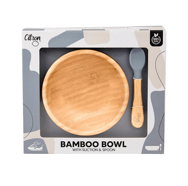 Citron Bamboo Bowl w/ Suction & Spoon - Dusty Blue