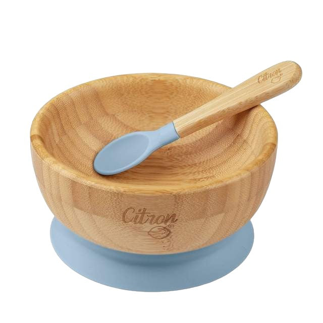 Citron Bamboo Bowl w/ Suction & Spoon - Dusty Blue