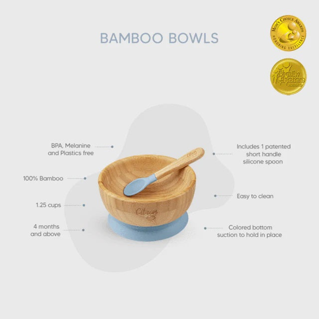 Citron Bamboo Bowl w/ Suction & Spoon - Dusty Blue