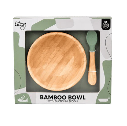 Citron Bamboo Bowl w/ Suction & Spoon - Green