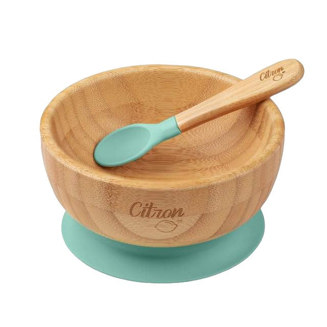 Citron Bamboo Bowl w/ Suction & Spoon - Green