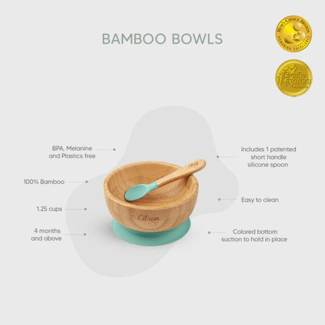 Citron Bamboo Bowl w/ Suction & Spoon - Green