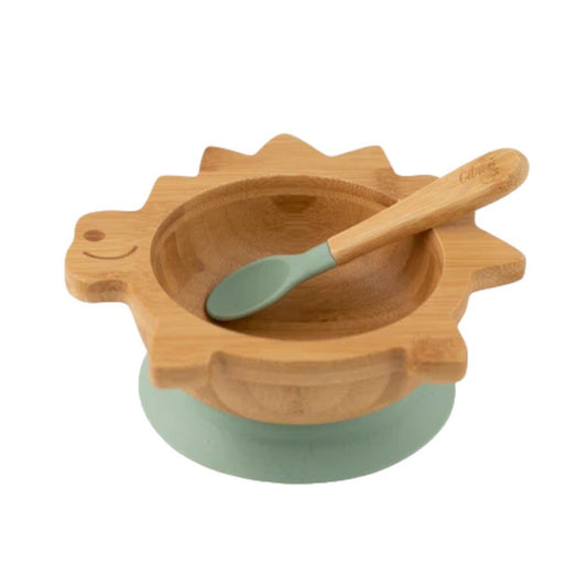 Citron Dinosaur Bamboo Bowl w/ Suction & Spoon