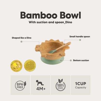 Citron Dinosaur Bamboo Bowl w/ Suction & Spoon