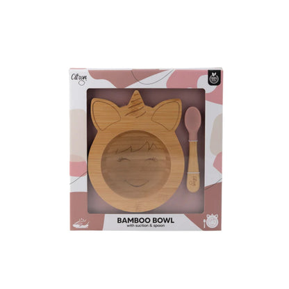 Citron Unicorn Bamboo Bowl w/ Suction & Spoon