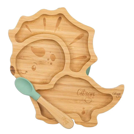 Citron Dinosaur Bamboo Plate w/ Suction & Spoon