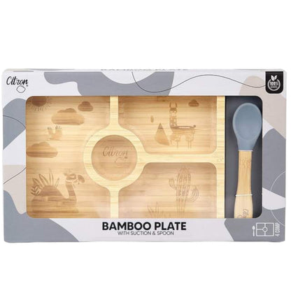 Citron Bamboo Plate w/ Suction & Spoon - Dusty Blue