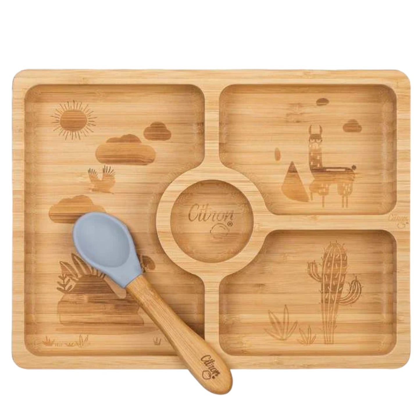 Citron Bamboo Plate w/ Suction & Spoon - Dusty Blue