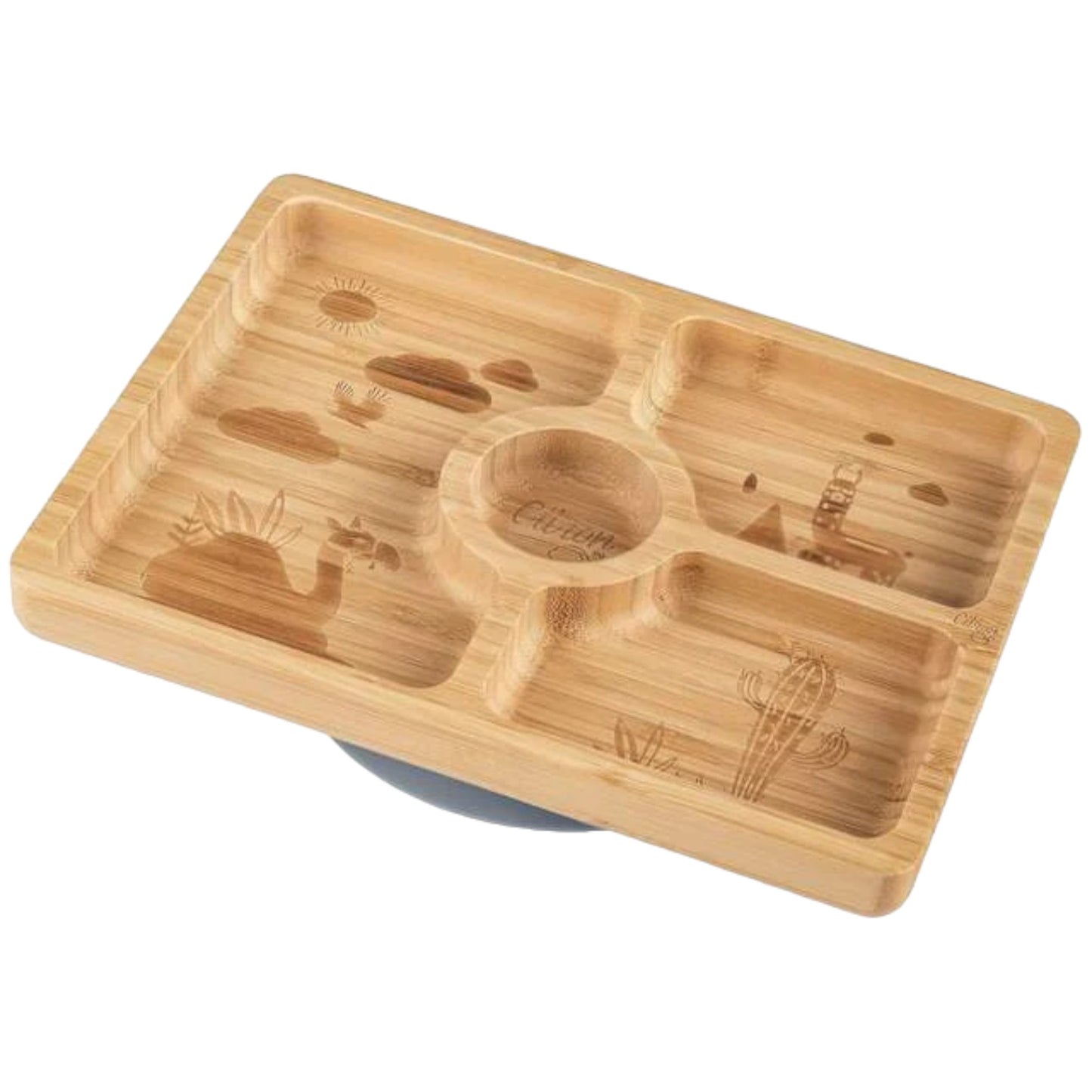 Citron Bamboo Plate w/ Suction & Spoon - Dusty Blue