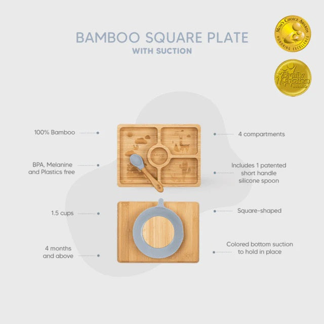 Citron Bamboo Plate w/ Suction & Spoon - Dusty Blue