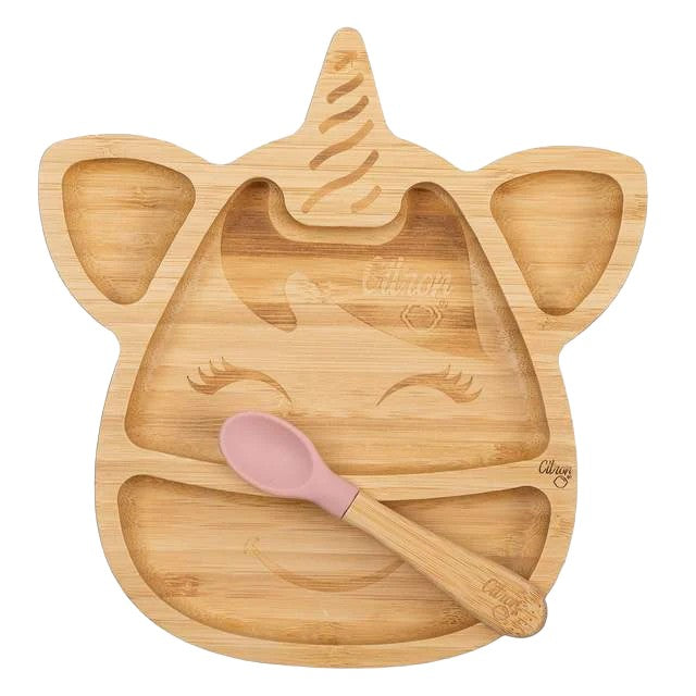 Citron Unicorn Bamboo Plate w/ Suction & Spoon