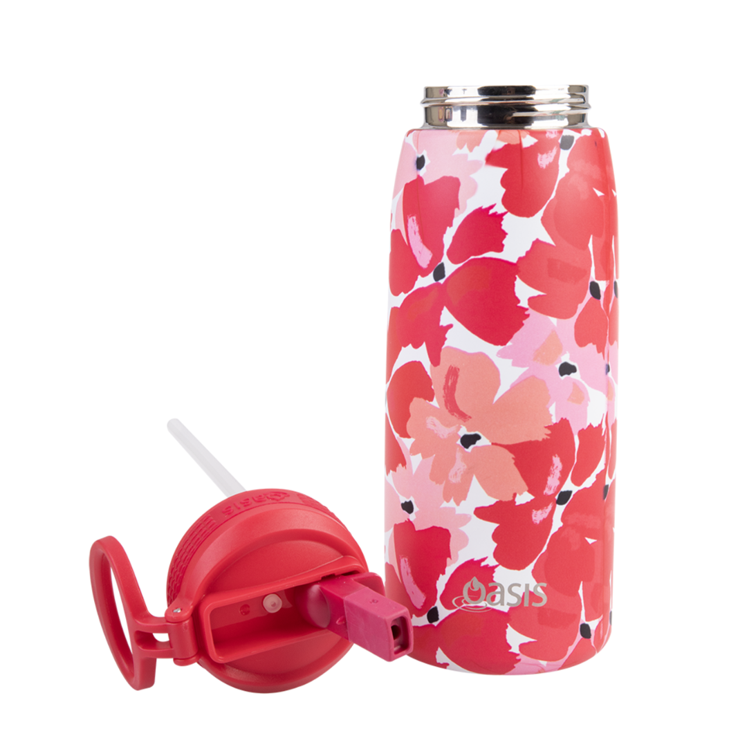 Oasis 780ml Stainless Steel Insulated Challenger Sports Drink Bottle with Straw - Red Poppies