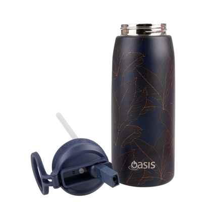 Oasis 780ml Stainless Steel Insulated Challenger Sports Drink Bottle with Straw - Navy Leaves