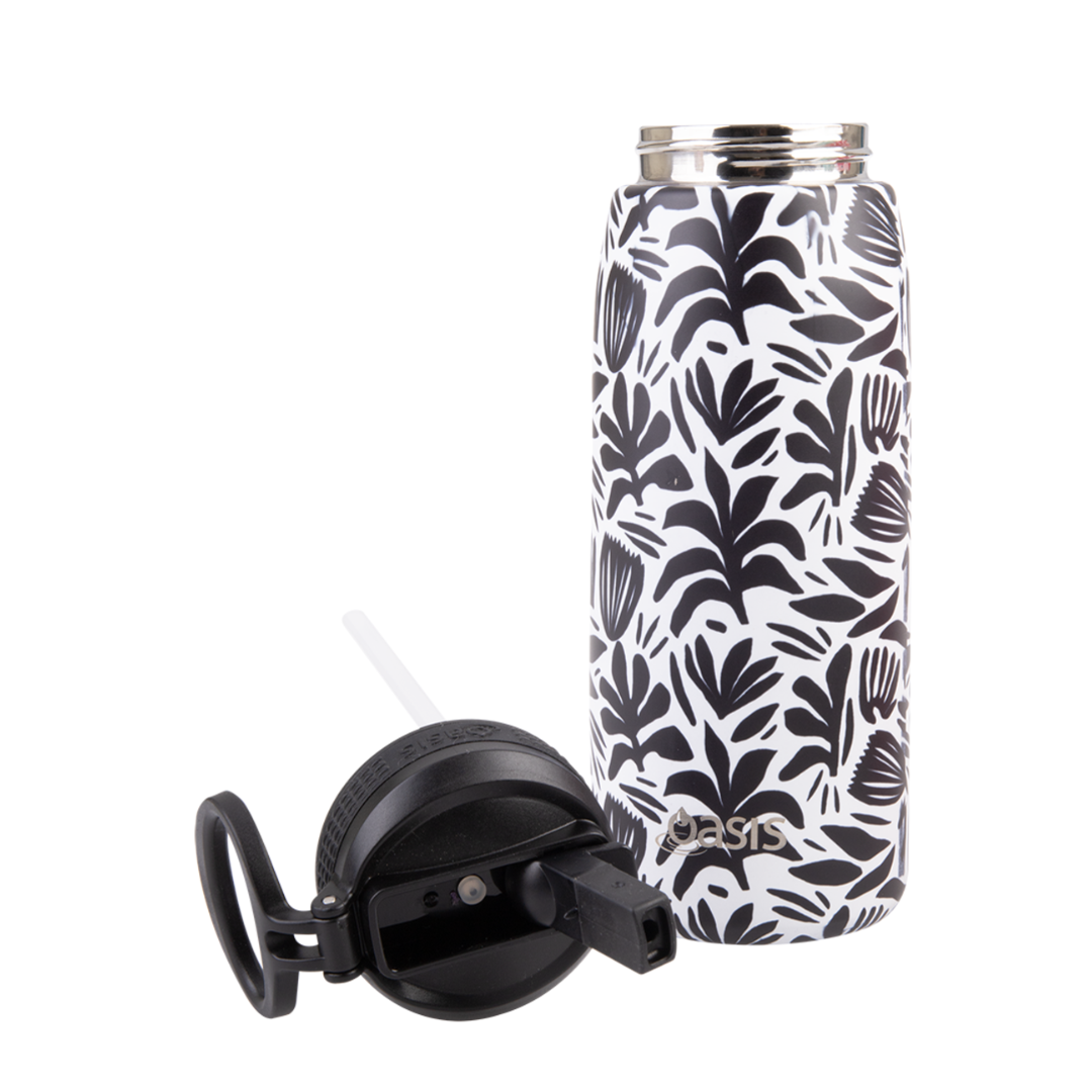 Oasis 780ml Stainless Steel Insulated Challenger Sports Drink Bottle with Straw - Monochrome Blooms