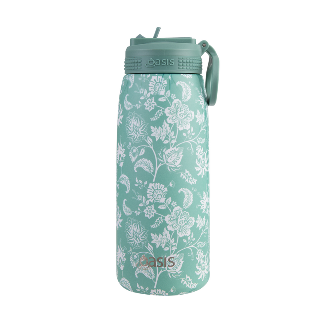 Oasis 780ml Stainless Steel Insulated Challenger Sports Drink Bottle with Straw - Green Paisley