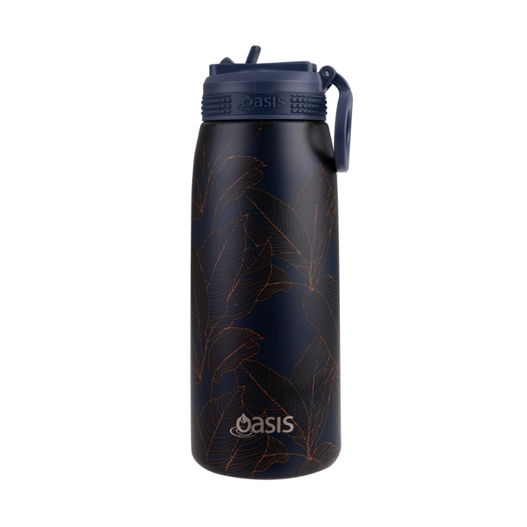 Oasis 780ml Stainless Steel Insulated Challenger Sports Drink Bottle with Straw - Navy Leaves