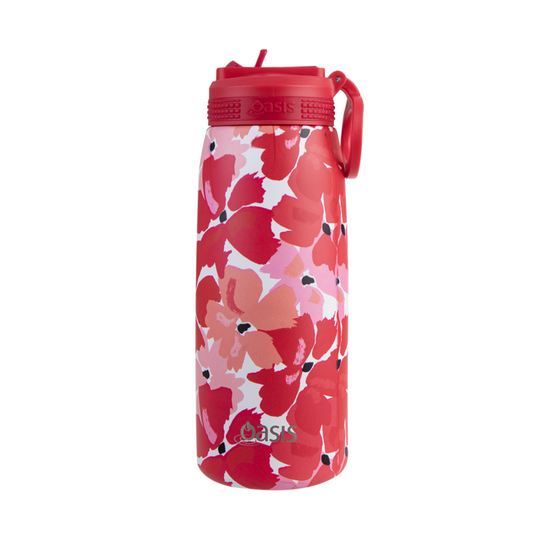 Oasis 780ml Stainless Steel Insulated Challenger Sports Drink Bottle with Straw - Red Poppies