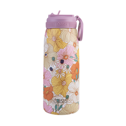 Oasis 780ml Stainless Steel Insulated Challenger Sports Drink Bottle with Straw - Retro Floral