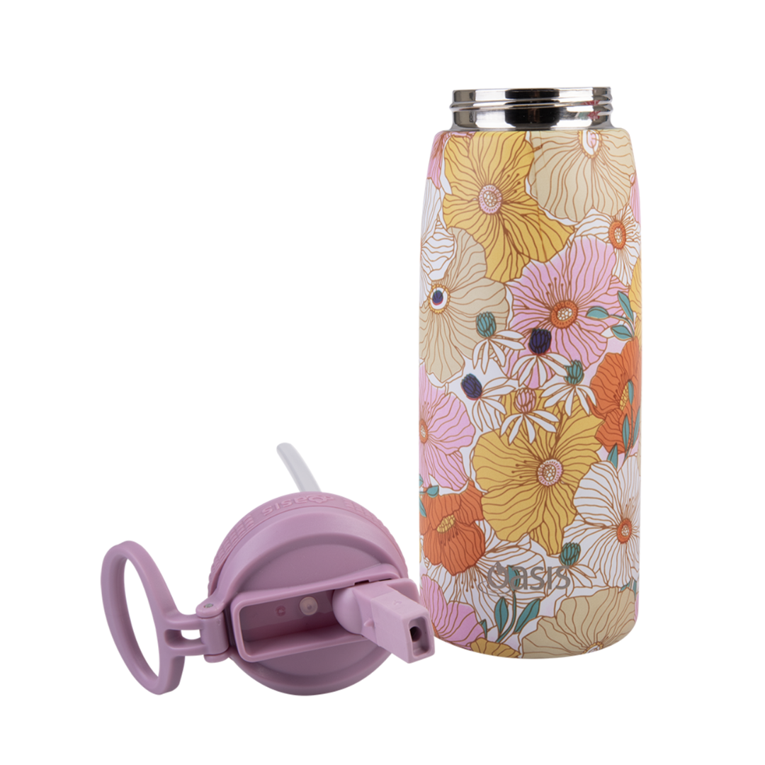 Oasis 780ml Stainless Steel Insulated Challenger Sports Drink Bottle with Straw - Retro Floral