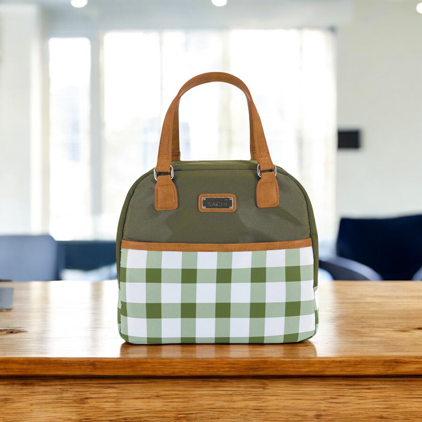 Sachi Insulated Cali Lunch Bag - Olive Green Gingham