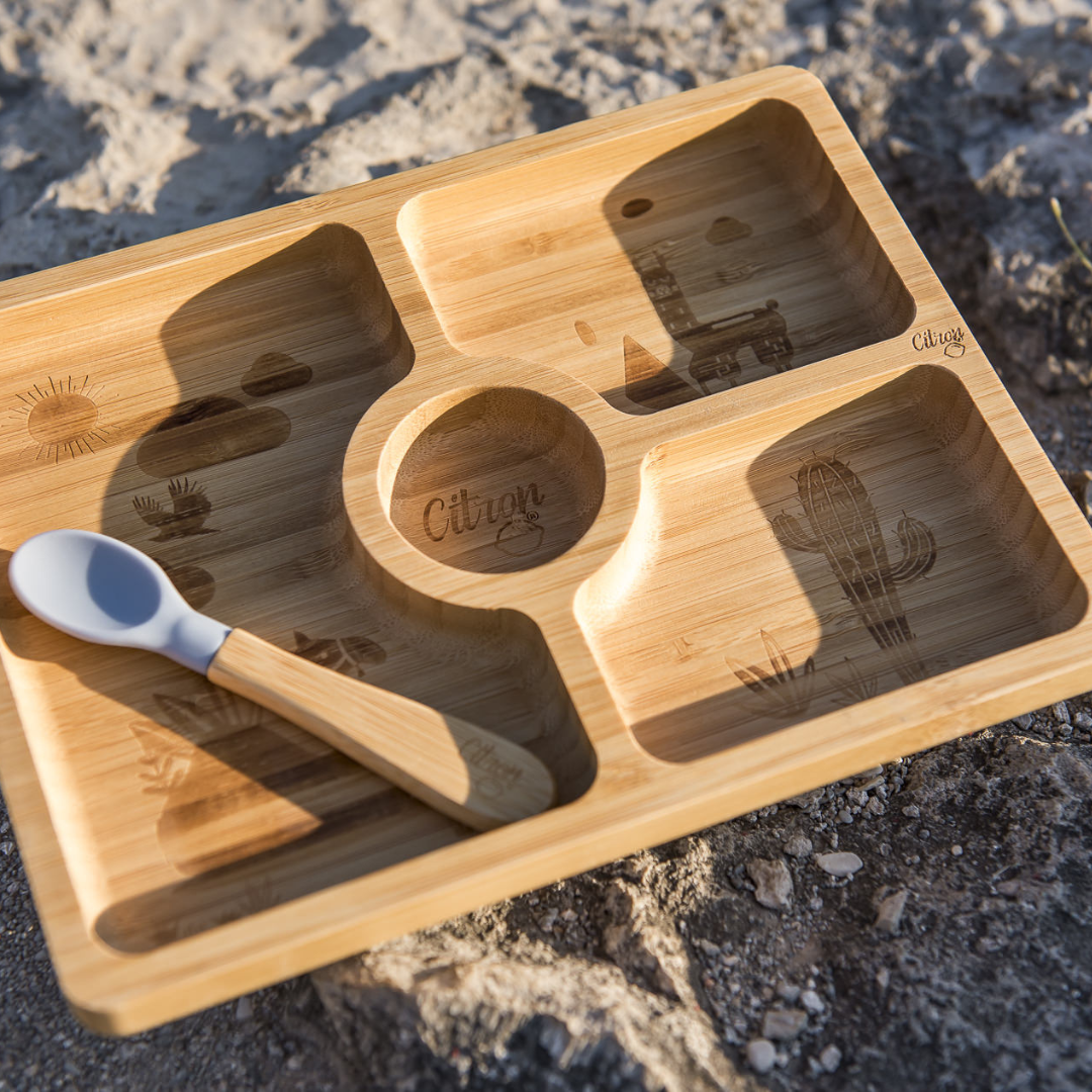 Citron Bamboo Plate w/ Suction & Spoon - Dusty Blue