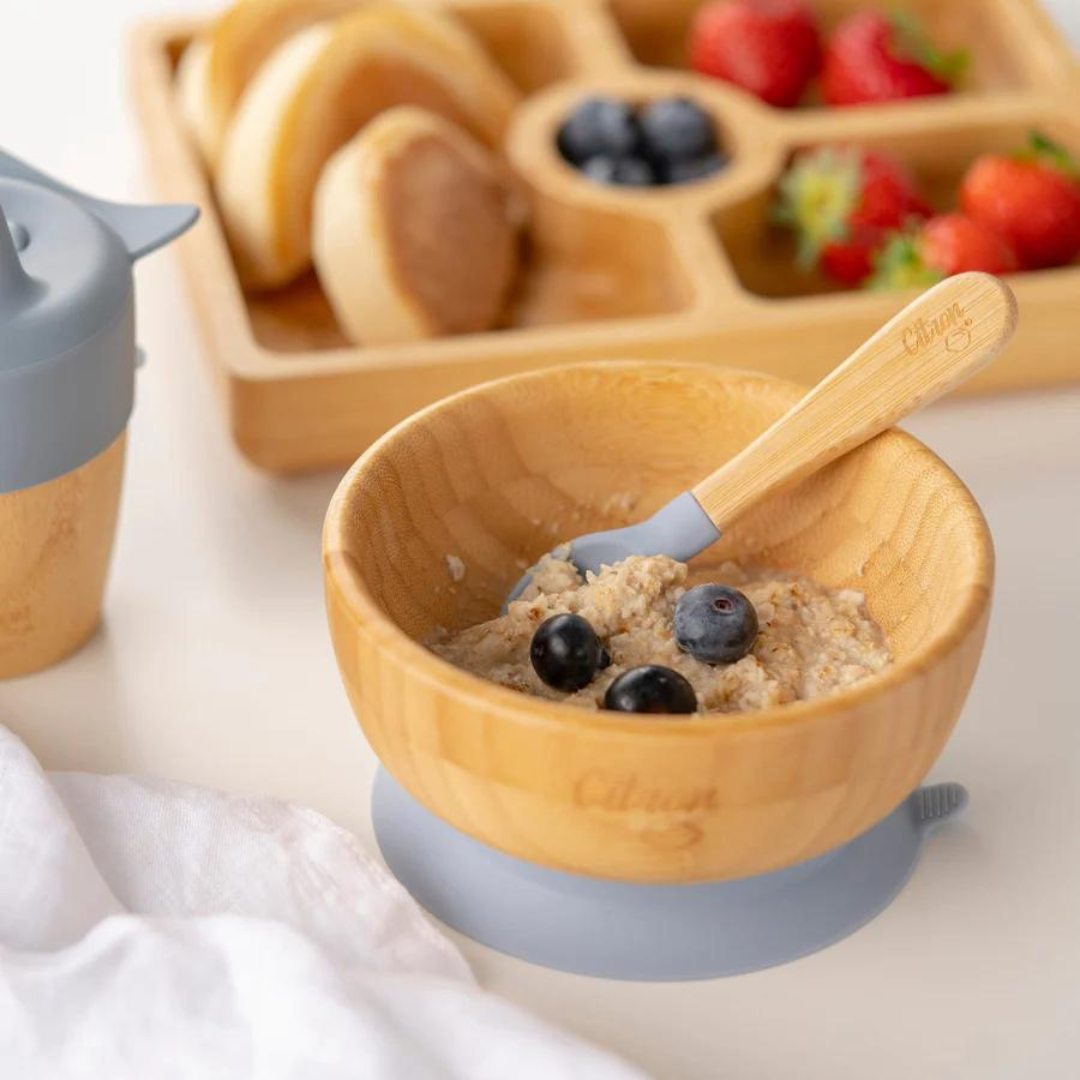 Citron Bamboo Bowl w/ Suction & Spoon - Dusty Blue