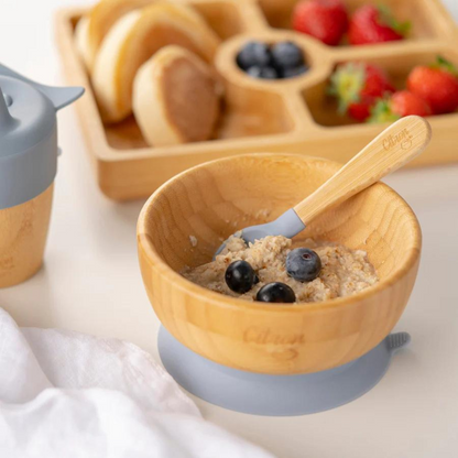 Citron Bamboo Bowl w/ Suction & Spoon - Dusty Blue