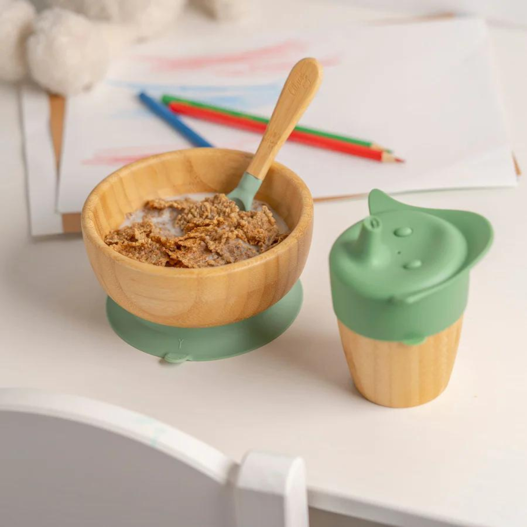 Citron Bamboo Bowl w/ Suction & Spoon - Green