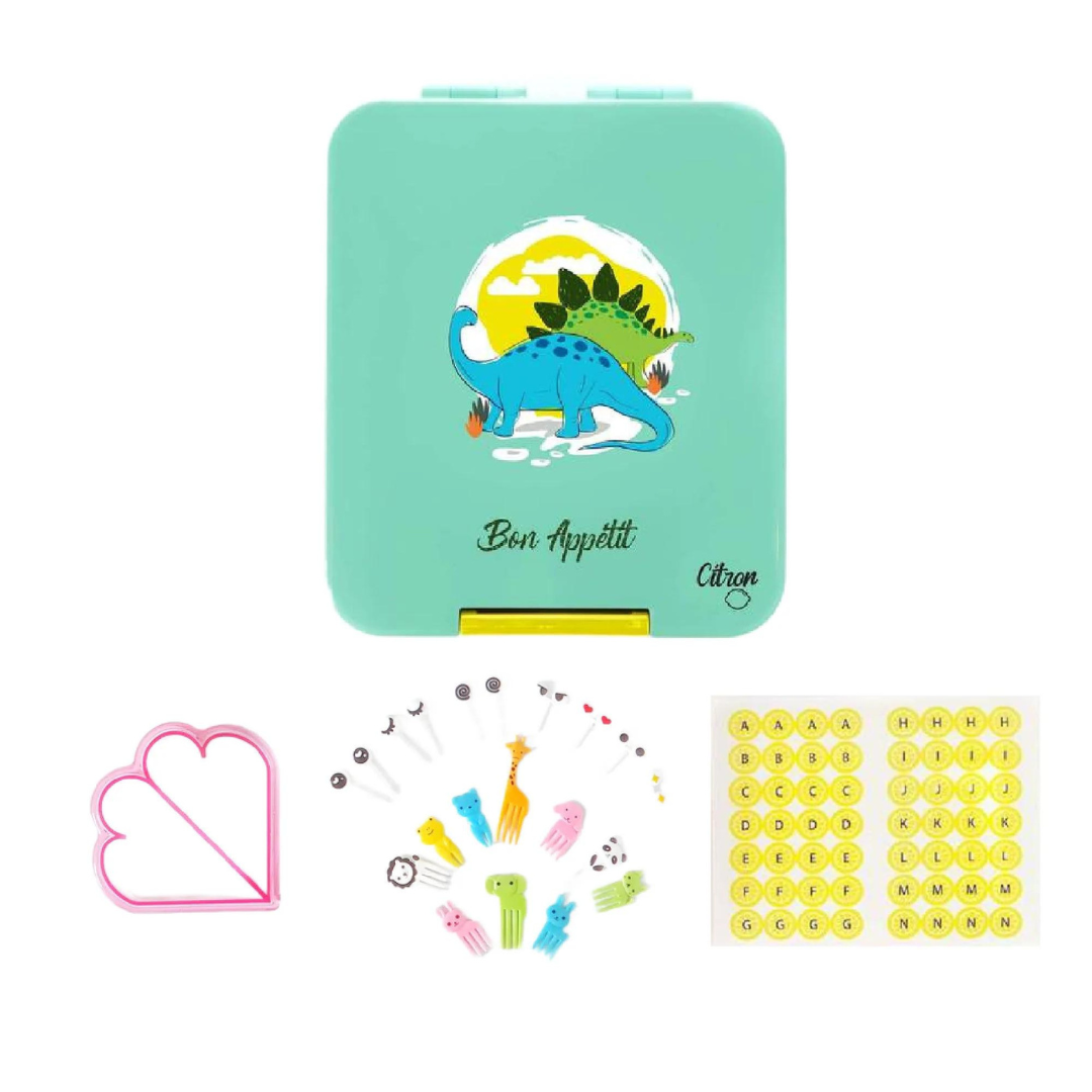 Citron Snackbox Bento style w/ 4 Compartments & Accessories - Dinosaur