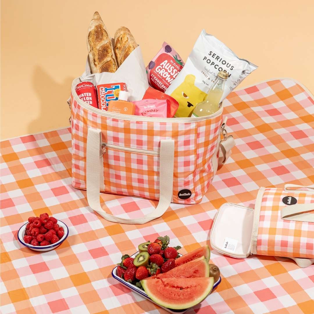 Kollab Insulated Picnic Bag - Watermelon Peach Check *PREORDER*