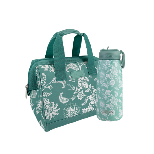 Oasis & Sachi Insulated Lunch Bag & Drink Bottle Bundle - Green Paisley