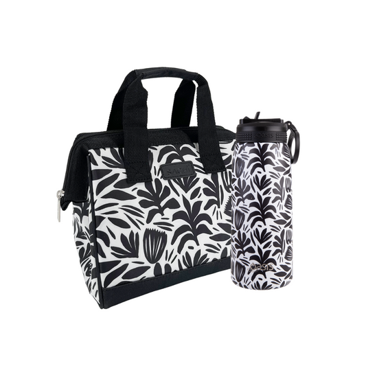 Oasis & Sachi Insulated Lunch Bag & Drink Bottle Bundle - Monochrome Blooms