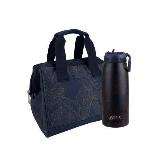 Oasis & Sachi Insulated Lunch Bag & Drink Bottle Bundle - Navy Leaves